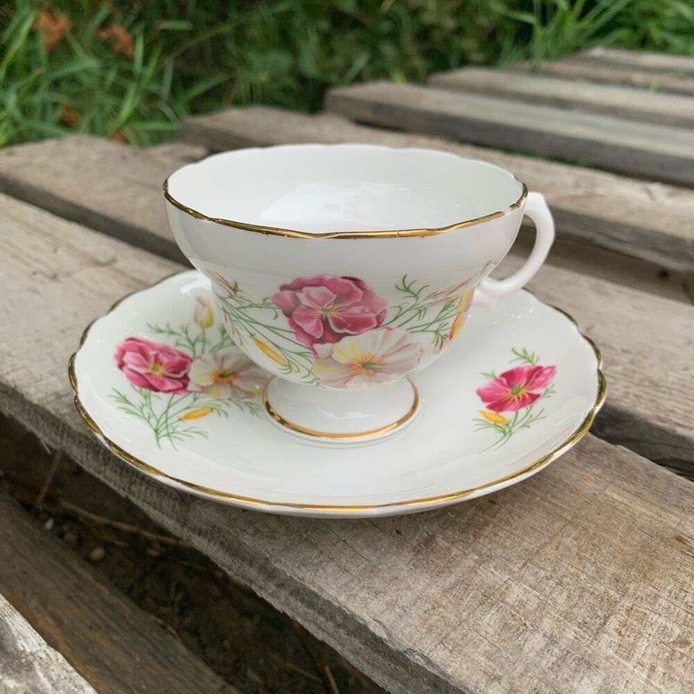 Vintage bone china pink floral cottagecore teacup and saucer